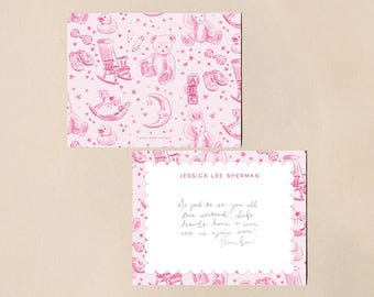 Preppy Pink Baby Shower Notecard Set, Custom Thank You Cards, Personalized Grandmillennial Stationery, Bespoke Christening Gift for Girl