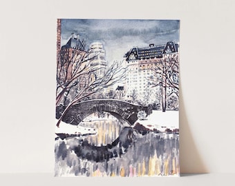 Central Park Winter Art Print, New York City Watercolor, Central Park Bridge, Manhattan Wall Decor, NYC Keepsake Gift, New York Painting