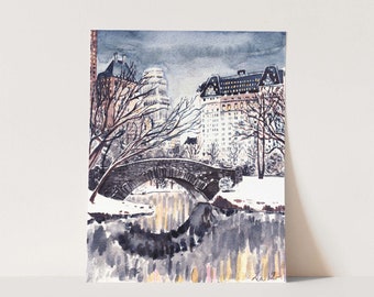 Central Park Winter Art Print, New York City Watercolor, Central Park Bridge, Manhattan Wall Decor, NYC Keepsake Gift, New York Painting