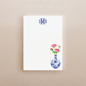 Personalized Notepad Pink Peony Ginger Jar Vase - Blue and White - Monogram - Chinoiserie Note Pad - Office - Custom Gift for Her