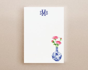 Personalized Notepad Pink Peony Ginger Jar Vase - Blue and White - Monogram - Chinoiserie Note Pad - Office - Custom Gift for Her