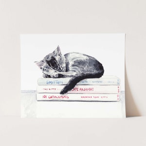 Cat and Books Art Print, Kitten Bookstore Art, Library Painting, Reading Watercolor, Book Lover Art, Reader Gift, Cat Lover Gift, Book Gift