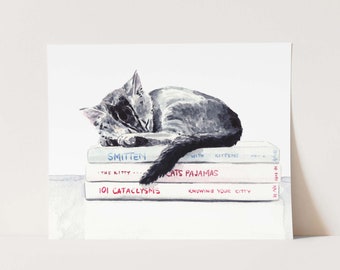 Cat and Books Art Print, Kitten Bookstore Art, Library Painting, Reading Watercolor, Book Lover Art, Reader Gift, Cat Lover Gift, Book Gift