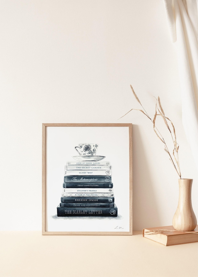 Lámina artística personalizada con diseño de libro n.° 4, arte personalizado para biblioteca con pilas de libros, regalo literario, decoración de pared con diseño de libro, regalo de agradecimiento para profesores, regalo de graduación. imagen 5