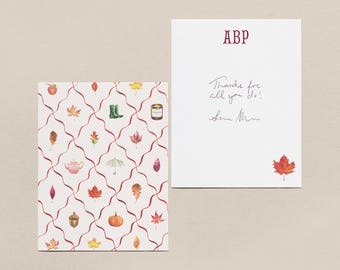 Outdoorsy Autumn Season Notecard Set, Cozy Fall Feels Note Cards, Preppy Grandmillennial Hostess Gift, Leaves Pattern Monogram Stationery