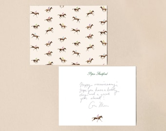 Tarjetas de felicitación con motivos de carreras de caballos, papelería ecuestre de estilo preppy, regalo personalizado para amantes de los caballos, monograma personalizado, tarjetas de jockeys pura sangre de Kentucky.