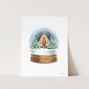Winter Snowglobe Art Print, Christmas Cabin Watercolor Painting, Cozy Winter Decor, Scandinavian Snow Globe, Magical Holiday Night Scene zdjęcie 1