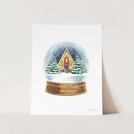 Winter Snowglobe Art Print, Christmas Cabin Watercolor Painting, Cozy Winter Decor, Scandinavian Snow Globe, Magical Holiday Night Scene