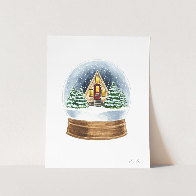 Winter Snowglobe Art Print, Christmas Cabin Watercolor Painting, Cozy Winter Decor, Scandinavian Snow Globe, Magical Holiday Night Scene zdjęcie 1