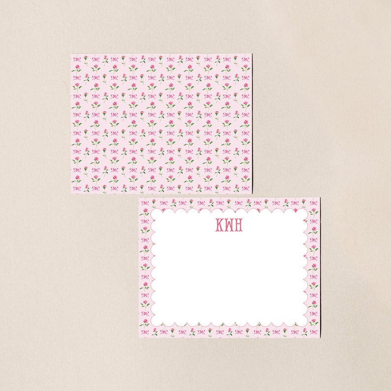 Pink Roses and Bows Stationery, Personalized Coquette Notecard Set, Custom Feminine Floral Scalloped Note Cards, Bridesmaid Proposal Gift image 8