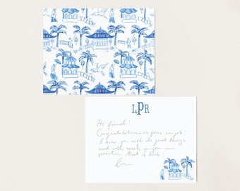 Blue Pagoda Pattern Stationery, Watercolor Chinoiserie Notecards, Southern Monogrammed Gift, Bespoke Stationery, Blank Preppy Notecards