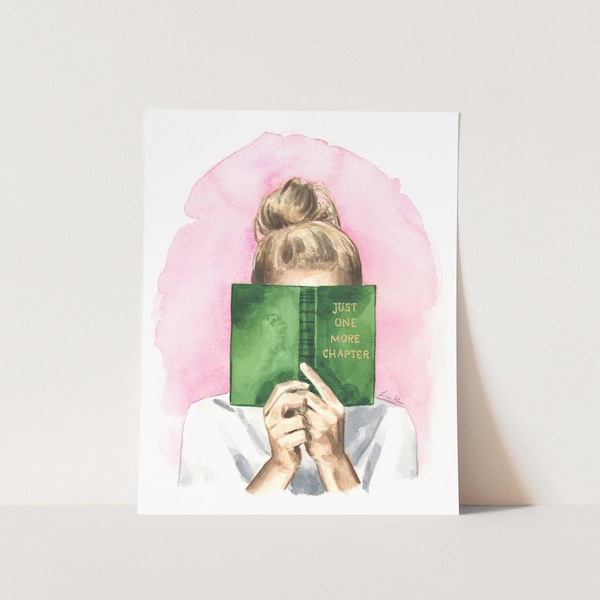 Just One More Chapter Art Print, Book Lover Gift, Library Watercolor, Librarian Gift, Book Club Gift, Funny Book Saying Art, Book Quote Art