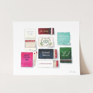 Custom Bar Matchbooks Art Print, Couples Anniversary Gift, Preppy Restaurant Matches Art, Wedding Matchbook Art, Watercolor Painting