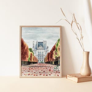 Autumn in Paris Art Print, Tuileries Gardens Palace, Fall Watercolor Home Decor, Paris Architecture Painting, Whimsical Apartment Wall Art image 5