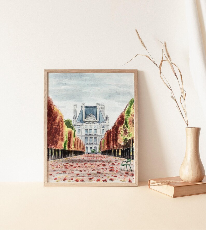 Autumn in Paris Art Print, Tuileries Gardens Palace, Fall Watercolor Home Decor, Paris Architecture Painting, Whimsical Apartment Wall Art image 5