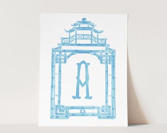 Spa Blue Pagoda Art Print, Custom Initial Watercolor, Chinoiserie Home Decor, Grandmillennial Nursery Art, Southern Preppy Dorm Wall Art