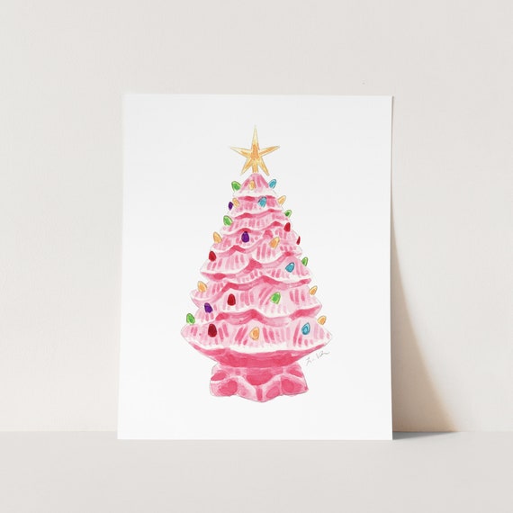 Vintage Pink Ceramic Christmas Tree Art Print Light up Xmas Tree