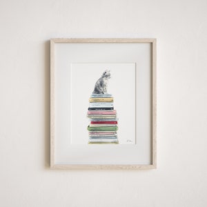 Bookstore Cat Art, Book Watercolor Illustration, Cat Lover Gift, Book Lover Gift, Kitten Art Print, Library Art Print, Bookshop Home Decor image 4