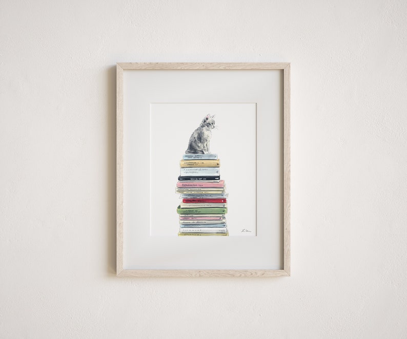 Bookstore Cat Art, Book Watercolor Illustration, Cat Lover Gift, Book Lover Gift, Kitten Art Print, Library Art Print, Bookshop Home Decor image 4