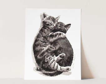 Kitty Hugs Art Print, Gray Cats Watercolor Painting, Tabby Cat Wall Decor, Cat Lover Gift, Animal Nursery Print, Friendship Art, Kitten Art