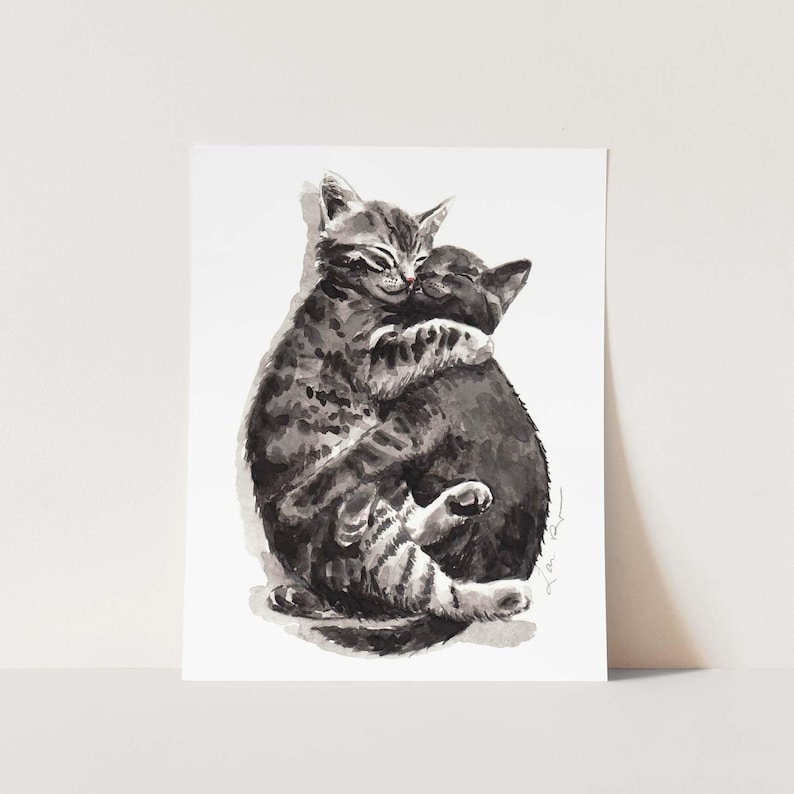 Kitty Hugs Art Print, Gray Cats Watercolor Painting, Tabby Cat Wall Decor, Cat Lover Gift, Animal Nursery Print, Friendship Art, Kitten Art image 1