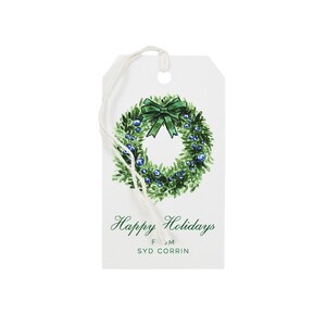 Custom Christmas Gift Tags, Holiday Wreath Watercolor Tags, Chic Holiday Wrapping, Personalized Preppy Gift Wrap, Festive Hostess Gift image 1