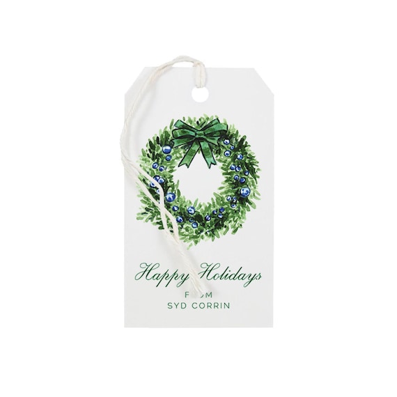 Custom Christmas Gift Tags, Holiday Wreath Watercolor Tags, Chic Holiday Wrapping, Personalized Preppy Gift Wrap, Festive Hostess Gift