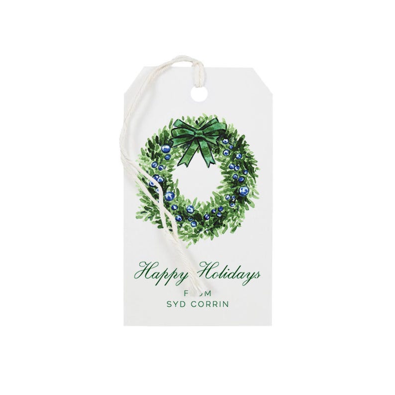 Custom Christmas Gift Tags, Holiday Wreath Watercolor Tags, Chic Holiday Wrapping, Personalized Preppy Gift Wrap, Festive Hostess Gift image 1