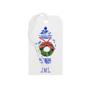 Custom Gift Tags Ginger Jar and Wreath - Chinoiserie Blue White Holiday Gifting Personalized Festive Christmas Stylish Gift Wrap Chic Preppy
