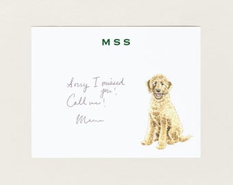 May include: A white rectangular stationery card featuring the dark green monogram MSS at the top center. To the left, handwritten black text reads Sorry I missed you! Call me! Mom. To the right is a watercolor illustration of a golden doodle dog.