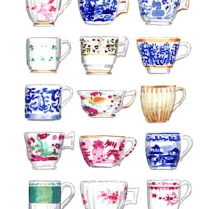 China Teacups Watercolor Art Print, Chinoiserie Painting, Antique Tea Cups Wall Decor, Grandmillennial Home, Southern Preppy Gift for Her image 4
