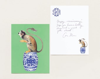 Chinoiserie Monkey Stationery, Personalized Notecards, Monogrammed Hostess Gift, Southern Preppy, Palm Beach Style, Custom Grandmillennial