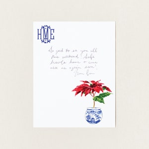 Chinoiserie Holiday Stationery, Poinsettia Custom Note Cards, Bespoke Monogram Christmas Cards, Preppy Monogrammed Blue and White Cards