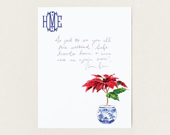 Chinoiserie Holiday Stationery, Poinsettia Custom Note Cards, Bespoke Monogram Christmas Cards, Preppy Monogrammed Blue and White Cards