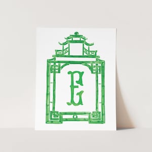 Preppy Green Pagoda Custom Initial Art Print, Monogram Southern Chinoiserie Home Decor, Palm Beach Style, Grandmillennial Watercolor Art