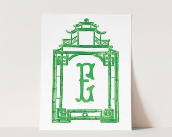 Preppy Green Pagoda Custom Initial Art Print, Monogram Southern Chinoiserie Home Decor, Palm Beach Style, Grandmillennial Watercolor Art