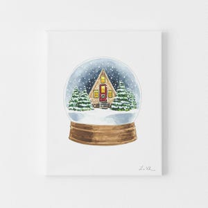 Winter Snowglobe Art Print, Christmas Cabin Watercolor Painting, Cozy Winter Decor, Scandinavian Snow Globe, Magical Holiday Night Scene zdjęcie 2