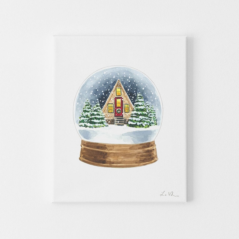 Winter Snowglobe Art Print, Christmas Cabin Watercolor Painting, Cozy Winter Decor, Scandinavian Snow Globe, Magical Holiday Night Scene zdjęcie 2