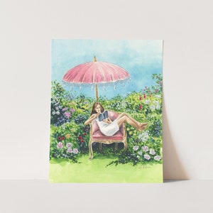 Girl Reading in her Flower Garden Art Print, Library Watercolor, Whimsical Book Painting, Book Lover Gift, Bookish Apartment Art, Wall Decor