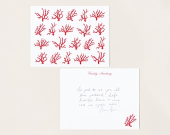 Papelería de acuarela en color coral rojo, estilo Palm Beach, papelería familiar, tarjetas preppy, tarjetas tropicales, regalo personalizado para dama de honor.