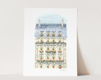 Christmas Paris Apartments Art Print, Holiday Watercolor, Winter Snow Day Painting, Europe World Traveler Gift, Whimsical Travel Decor