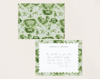 Green Equestrian Toile Notecards, Preppy Vintage Horse Stationery, Custom Monogrammed Gift, Personalized Monogram Horseback Riding Cards