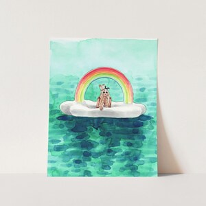 Impression d'art fille flotteur de piscine arc-en-ciel, aquarelle de piscine, illustration de mode de plage, peinture de natation, cadeau preppy lumineux, décoration de dortoir