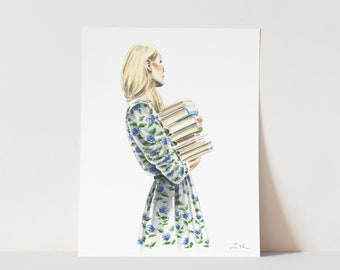 Bookshop Girl Art Print, Preppy Book Art, Book Lover Gift, Library Painting, Book Watercolor, Literature Theme Gift, College Dorm Decor