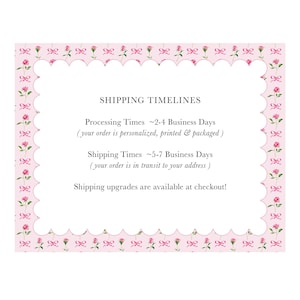 a shipping timeline for a personalized, printed, and packaged order. The order is processed in 2-4 business days, and the shipping times are 5-7 business days. The shipping upgrades are available at checkout.