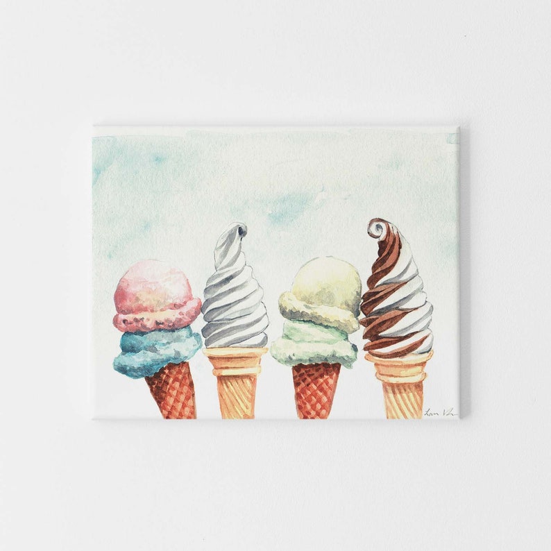 Art Print Ice Cream Soft Serve and Hand Dipped Cones Pastel Watercolor Painting Wall Home Decor Swirl Cute Preppy Gift for Her image 2