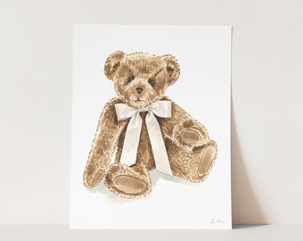 Teddy Bear Art Print, Nursery Wall Art, Cute Nursery Print, Preppy Baby Shower Gift, Elegant New Baby Gift, Kids Room Watercolor Painting