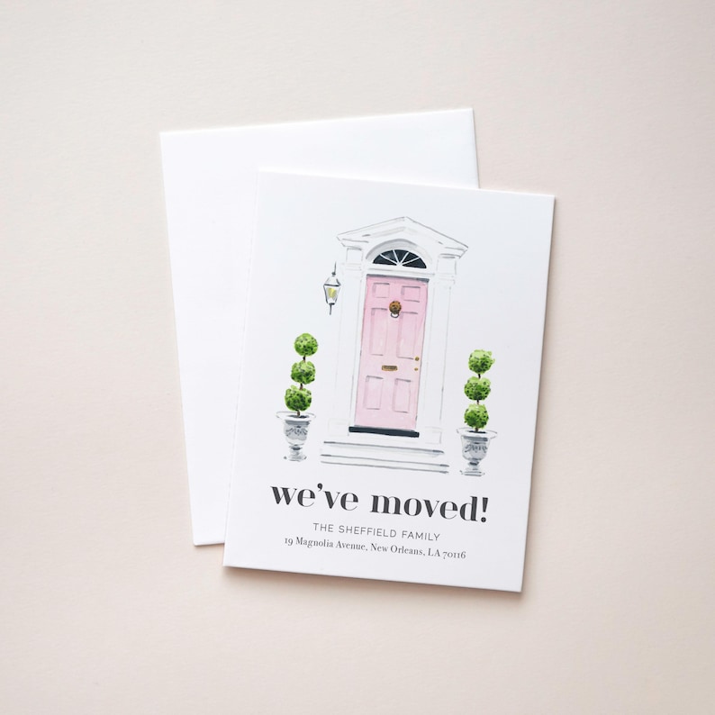 Personalized New Address Cards, Cute Pink Front Door Moving Announcement Stationery, Southern Preppy Style, We've Moved Cards and Envelopes image 1