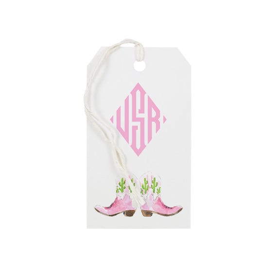 Pink Cowboy Boots Custom Gift Tags, All Season Gift Tags, Monogrammed Southern Preppy Gift Wrap, Cowgirl Western Aesthetic, Texas Christmas