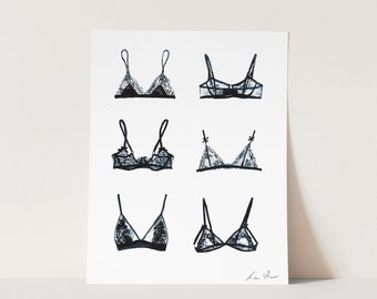 Art Print Black Lace Bralettes - Black Lingerie Art, Burlesque Art, Watercolor Painting, Fashion Illustration, Sexy Bedroom Art, Pretty Art